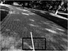 (a) Obraz z kamery (ve skutečnosti barevný) se znázorněným
referenčním čtvercem a doporučeným směrem od
Visiiru