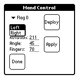 Obrazovka manuálního řízení ruky